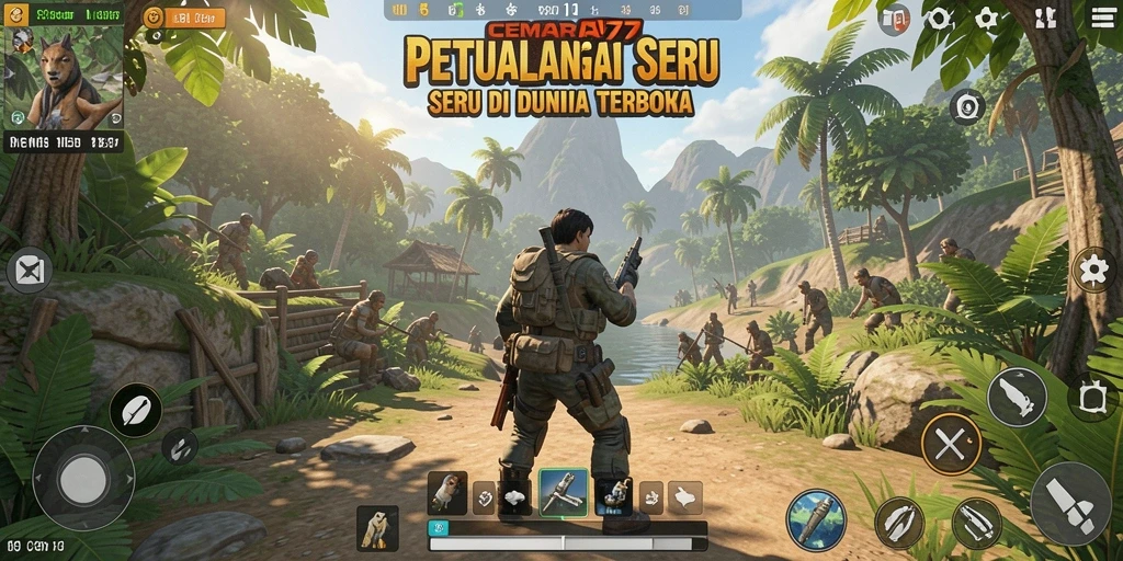 Screenshot gameplay Open World CEMARA77 menampilkan eksplorasi dunia yang luas.