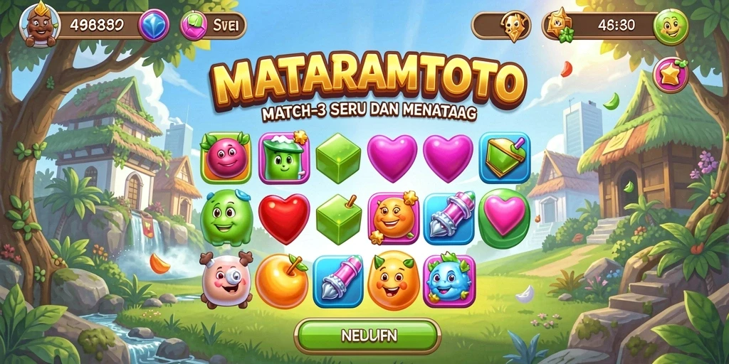 Tampilan gameplay <strong>MATARAMTOTO</strong> yang mengasyikkan dengan berbagai kombinasi permata.