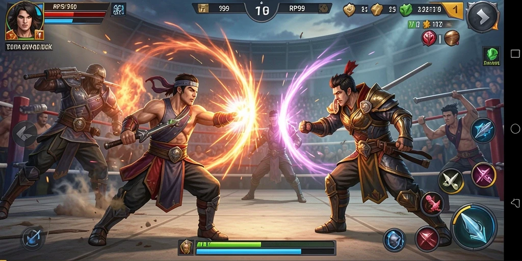 Screenshot utama RP99 menampilkan pertarungan seru antara karakter di arena.