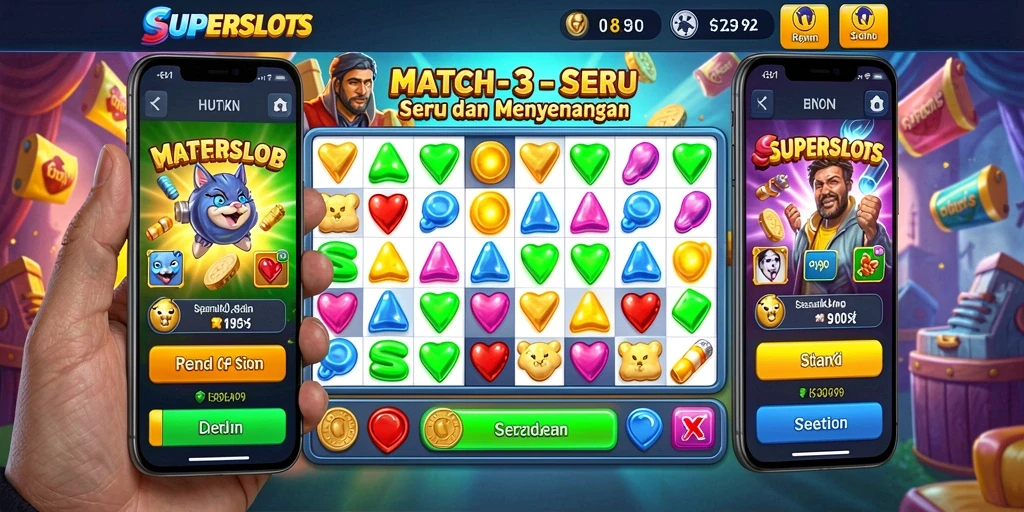 Tampilan permainan SUPERSLOTS dengan simbol-simbol warna-warni yang menarik.
